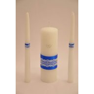 Kék alapon csipkés esküvői gyertyaszett (3 részes)