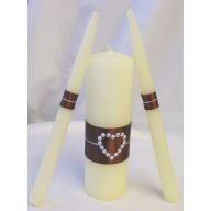 3 részes esküvői gyertyaszett strassz szívvel, barna