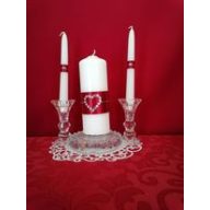 3 részes esküvői gyertyaszett strassz szívvel, bordó