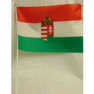Magyar zászló címerrel, textil (30x45 cm), szár 50 cm
