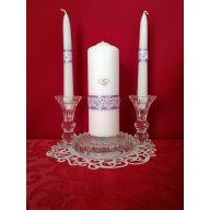 3 részes esküvői gyertyaszett csipke dísszel. lila