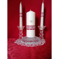 3 részes esküvői gyertyaszett csipke dísszel. bordó