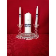 3 részes esküvői gyertyaszett csipke dísszel, kék